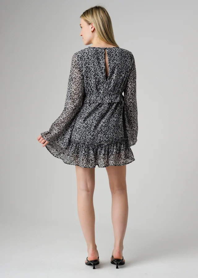 Wednesday’s Girl Black Floral V Neck Angel Sleeve Mini Dress