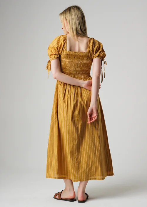 Wednesday’s Girl Mustard Striped Square Neck Puff Sleeve Midi Dress - L Image 2