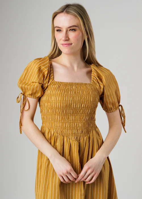 Wednesday’s Girl Mustard Striped Square Neck Puff Sleeve Midi Dress - L Image 3