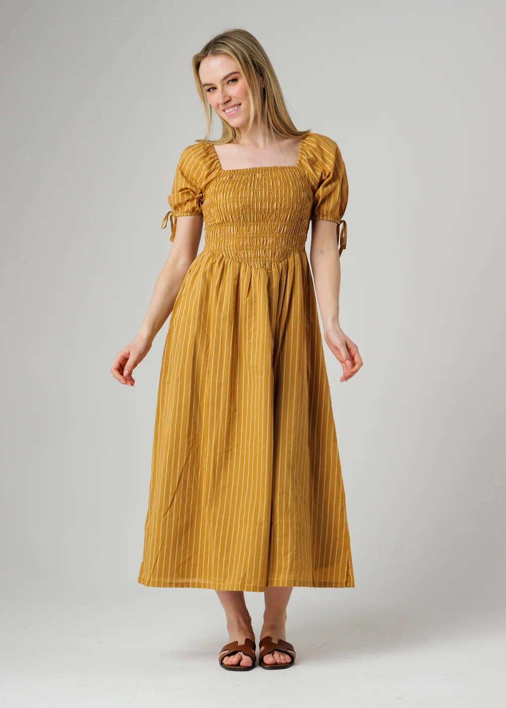 Wednesday’s Girl Mustard Striped Square Neck Puff Sleeve Midi Dress - L Image 1