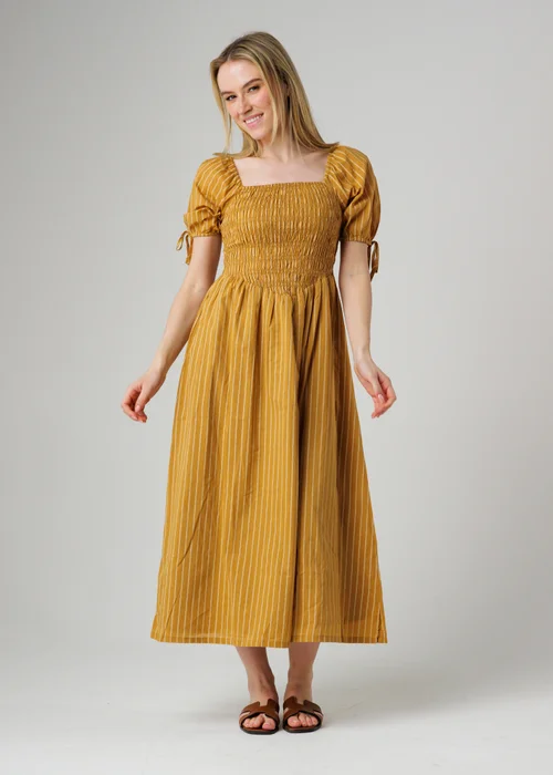 Wednesday’s Girl Mustard Striped Square Neck Puff Sleeve Midi Dress - L Image 1
