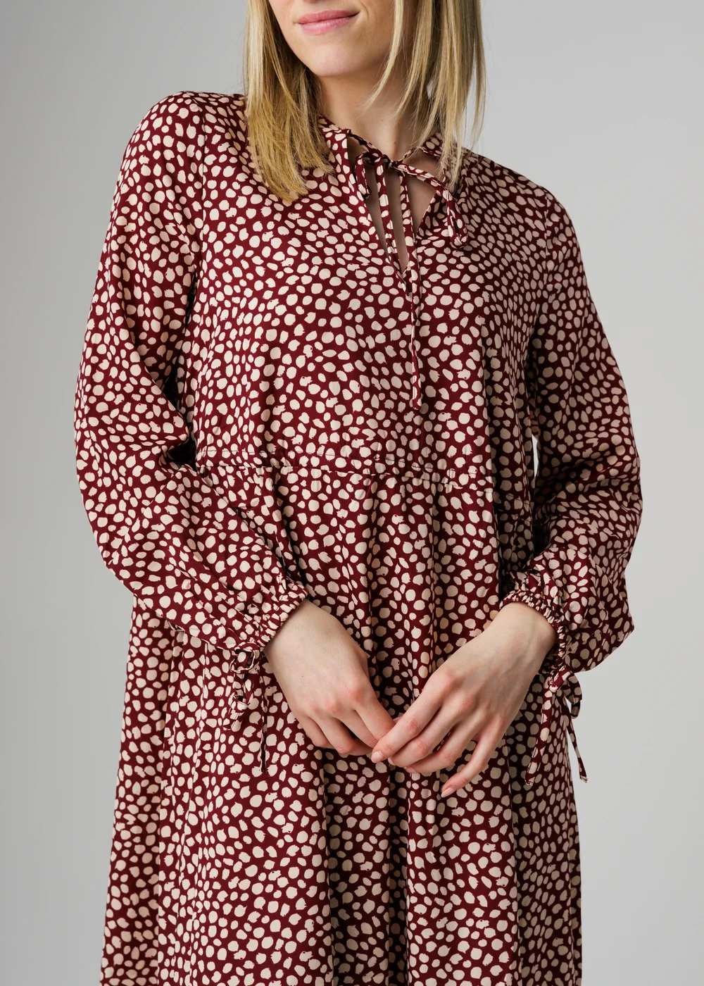 Wednesday’s Girl Burgundy Floral Tie Neck Long Sleeve Midi Dress - S Image 3