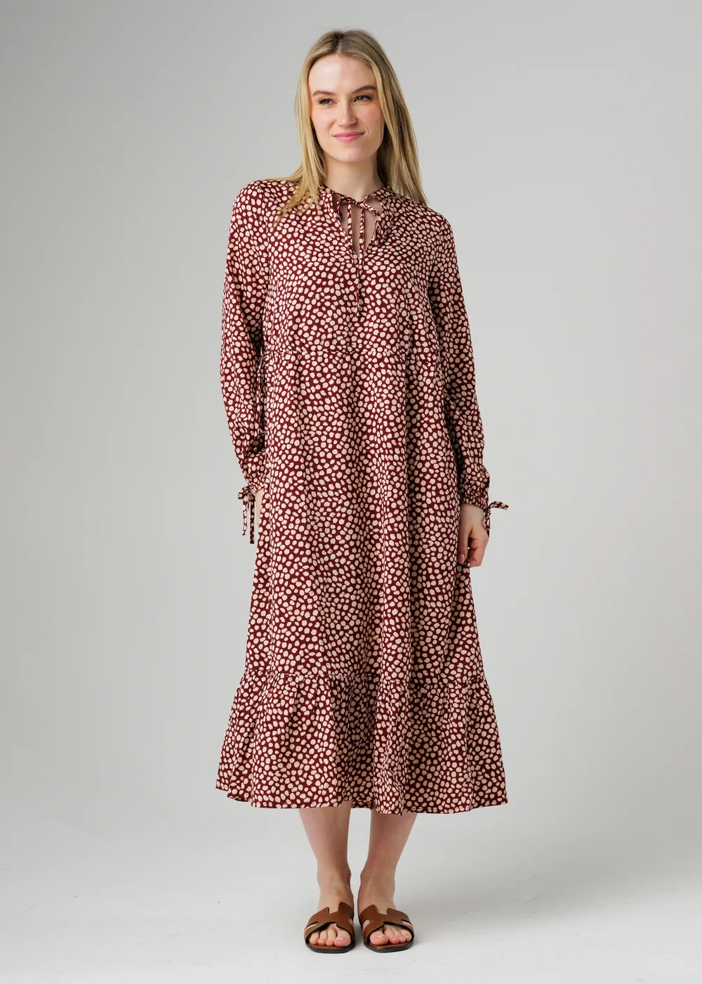 Wednesday’s Girl Burgundy Floral Tie Neck Long Sleeve Midi Dress - S Image 1