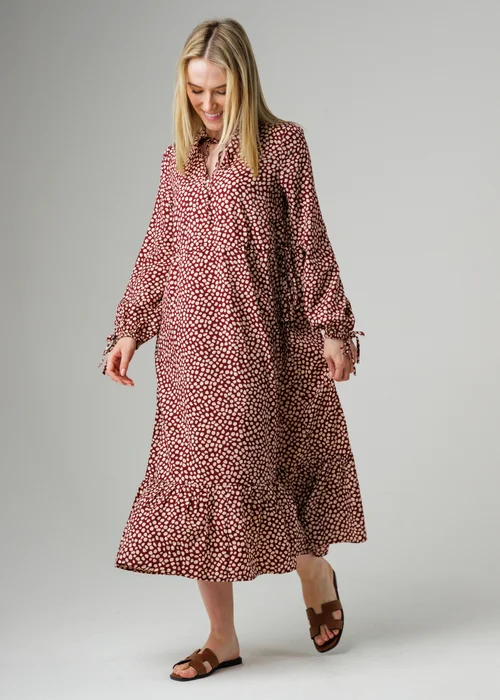 Wednesday’s Girl Burgundy Floral Tie Neck Long Sleeve Midi Dress - S Image 4