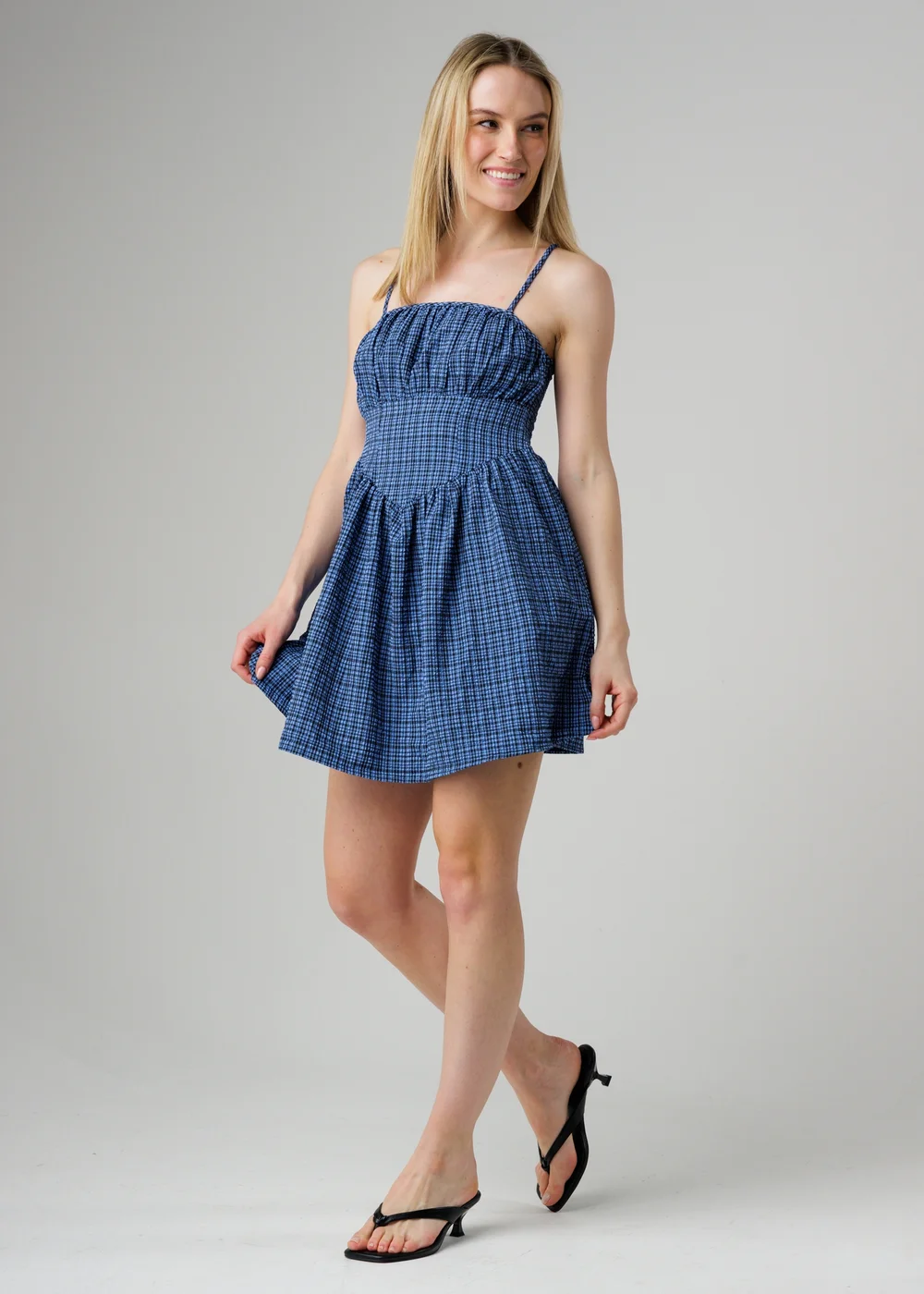 Wednesday’s Girl Blue Check Print Corset Waist Mini Cami Dress - L Image 1