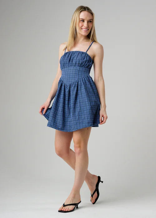 Wednesday’s Girl Blue Check Print Corset Waist Mini Cami Dress - L Image 1