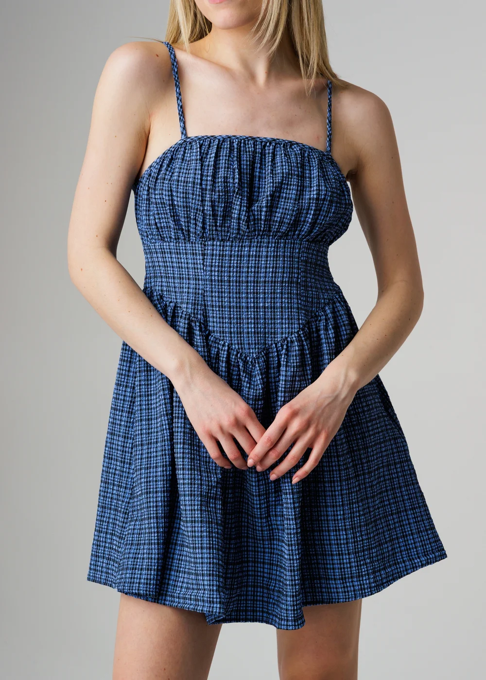 Wednesday’s Girl Blue Check Print Corset Waist Mini Cami Dress - L Image 3