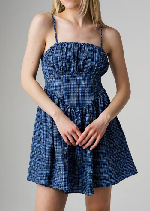Wednesday’s Girl Blue Check Print Corset Waist Mini Cami Dress - L Image 3