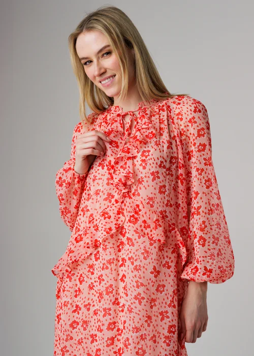 Wednesday’s Girl Pink Floral Tie Neck Frill Detail Midi Dress - XL Image 3