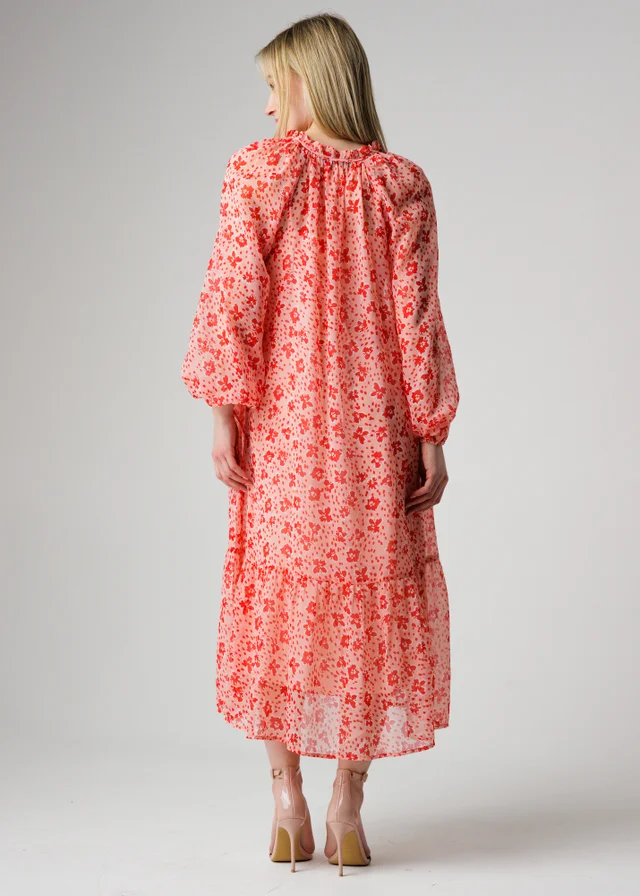 Wednesday’s Girl Pink Floral Tie Neck Frill Detail Midi Dress