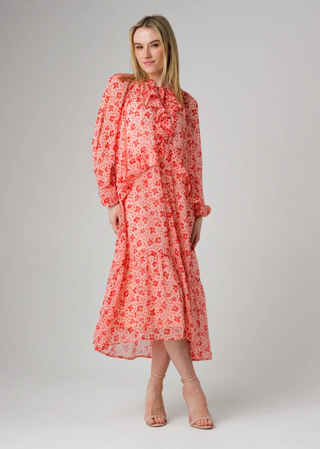 Wednesday’s Girl Pink Floral Tie Neck Frill Detail Midi Dress