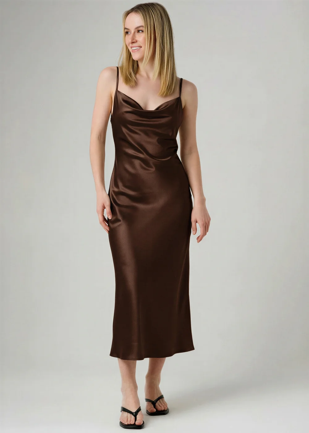 Wednesday’s Girl Brown Cowl Neck Midi Satin-Style Dress - 14 Image 1