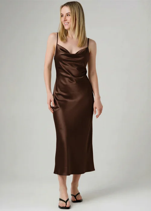 Wednesday’s Girl Brown Cowl Neck Midi Satin-Style Dress - 14 Image 1
