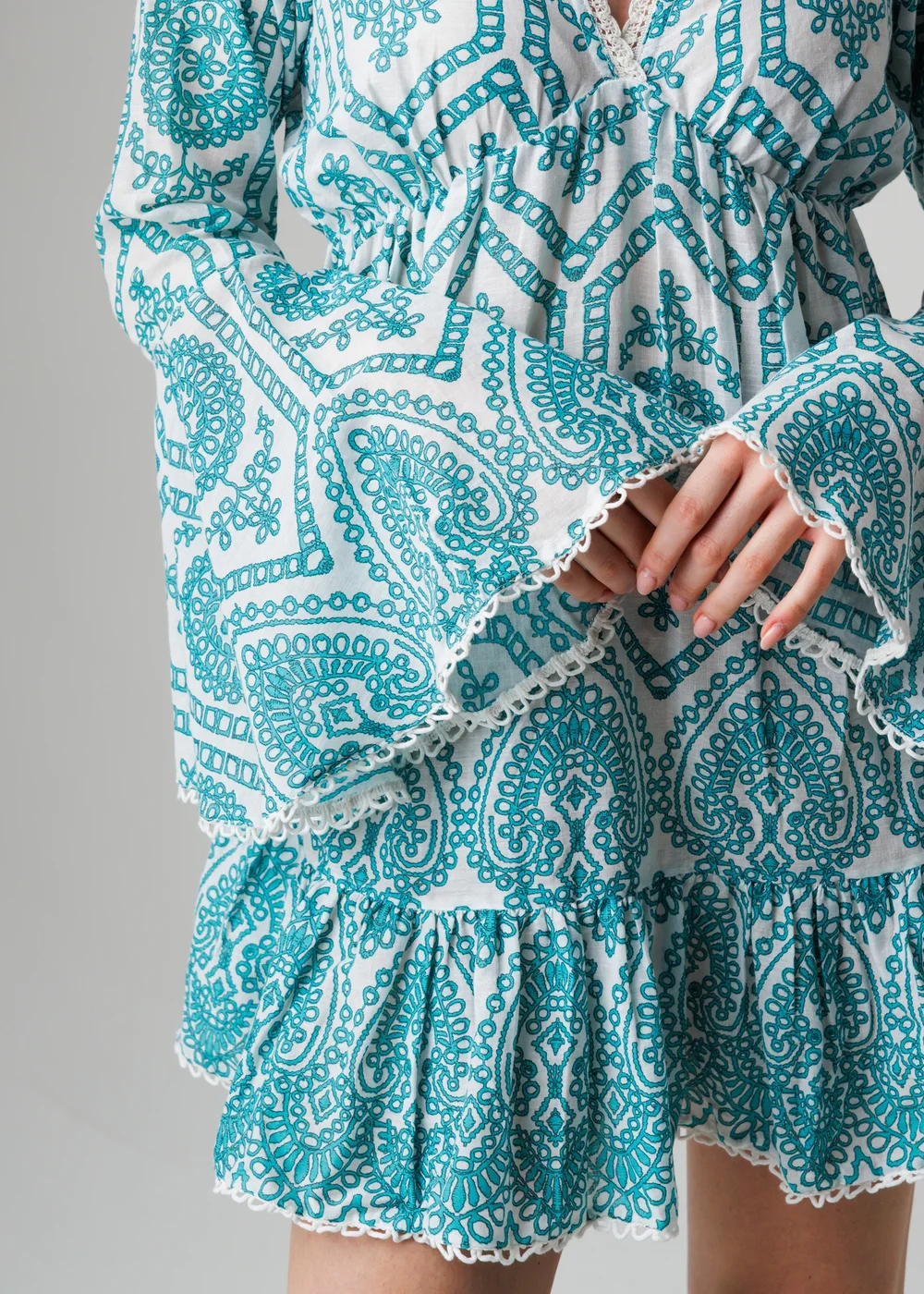 Wednesday’s Girl Blue Cotton Embroidered Trim Flared Sleeve Mini Dress - XS Image 3