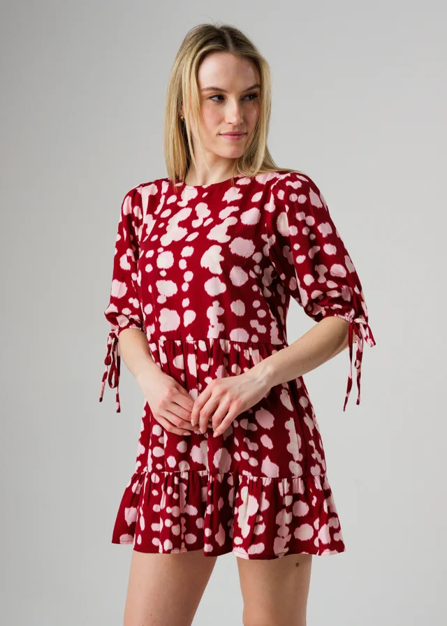 Wednesday’s Girl Burgundy Smudgy Dot Print Tie Sleeve Smock Mini Dress