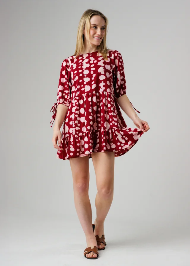 Wednesday’s Girl Burgundy Smudgy Dot Print Tie Sleeve Smock Mini Dress
