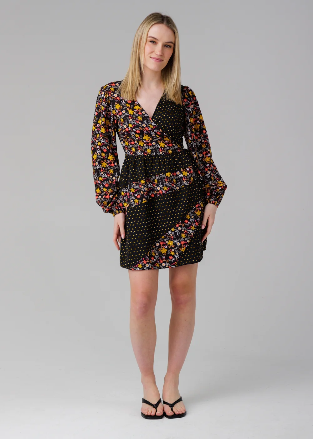 Influence Black Long Sleeve Floral Printed Wrap Mini Dress - 10 Image 1