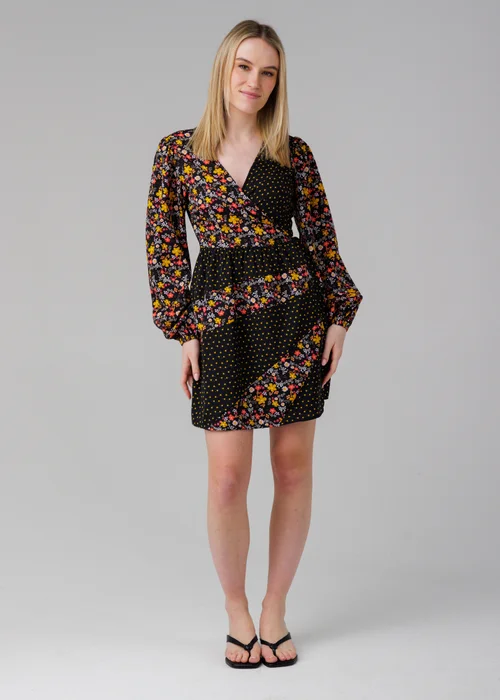 Influence Black Long Sleeve Floral Printed Wrap Mini Dress - 10 Image 1
