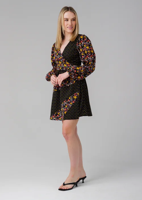 Influence Black Long Sleeve Floral Printed Wrap Mini Dress - 10 Image 4