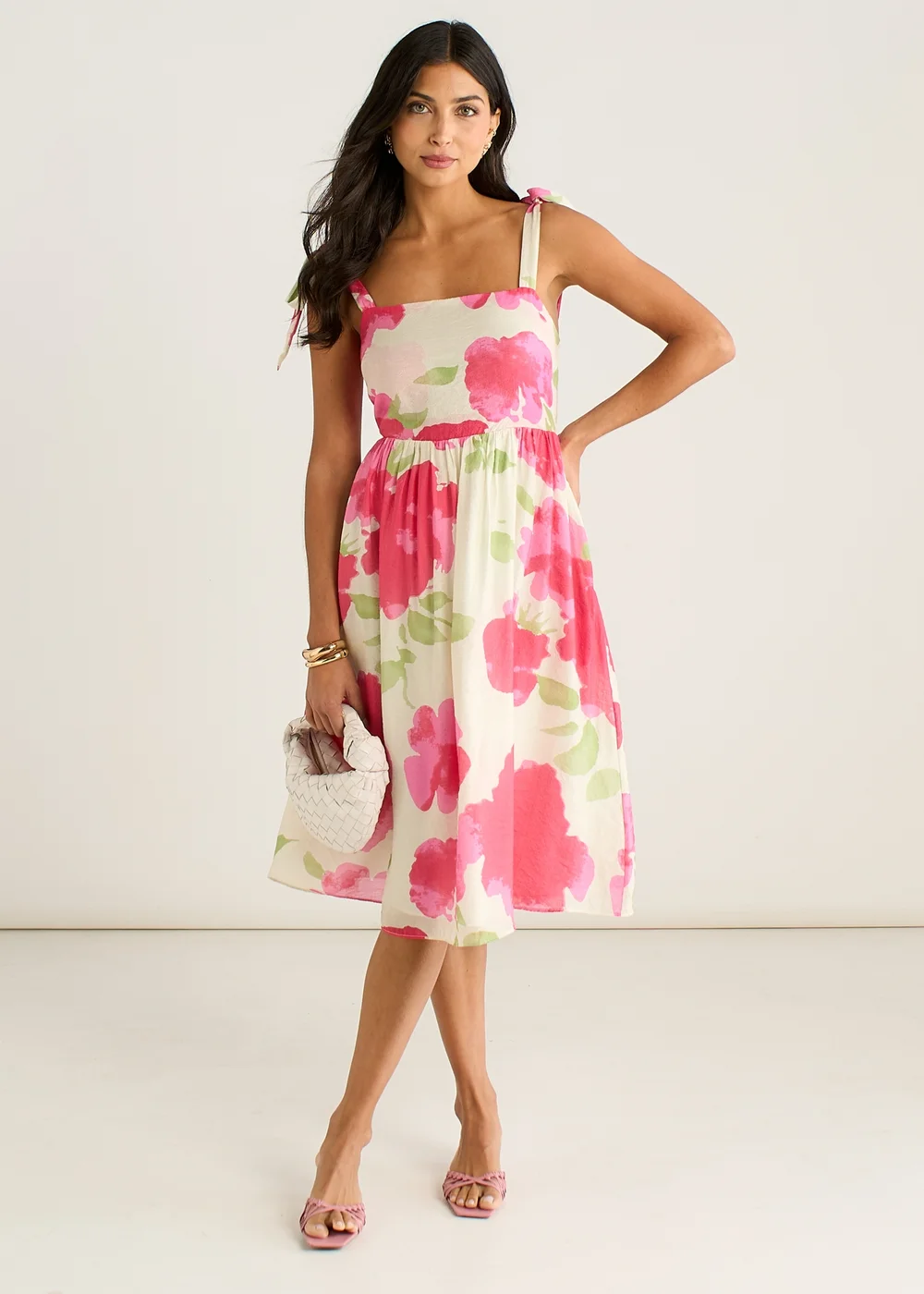 Gini London Pink Floral Tie Straps Midi Dress - 8 Image 1