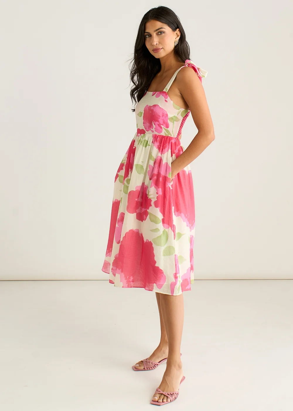 Gini London Pink Floral Tie Straps Midi Dress - 8 Image 4