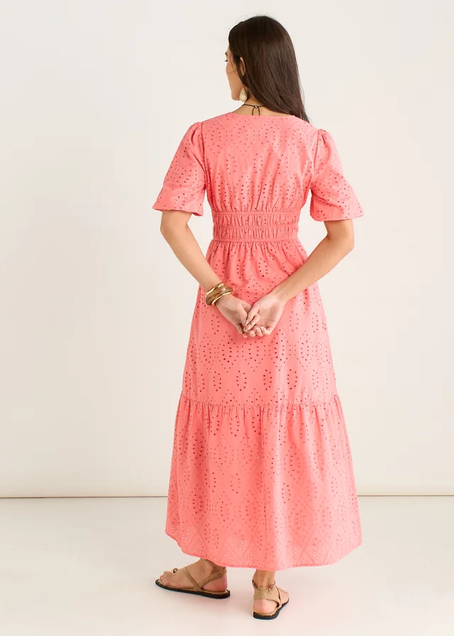 Gini London Coral Diamond Cut Work V Neck Broderie Dress