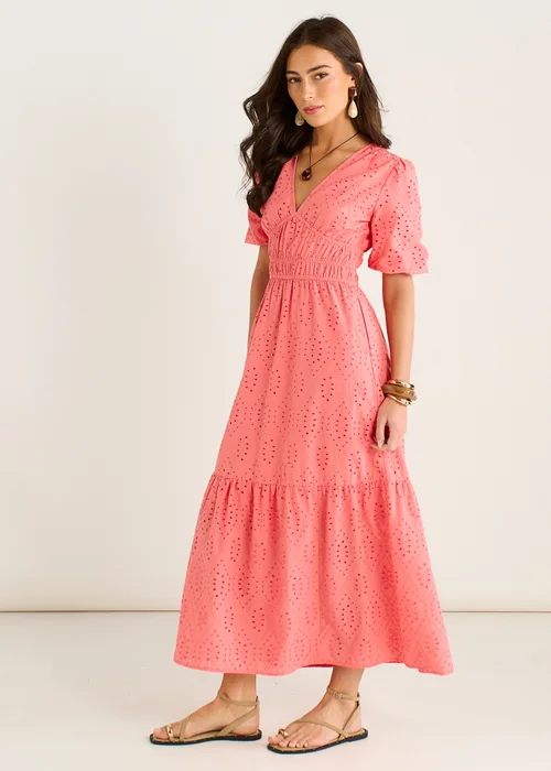 Gini London Coral Diamond Cut Work V Neck Broderie Dress - 8 Image 4