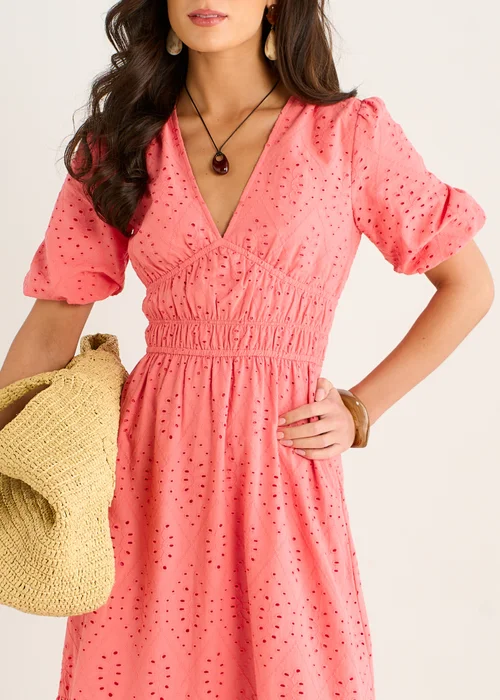 Gini London Coral Diamond Cut Work V Neck Broderie Dress - 8 Image 3