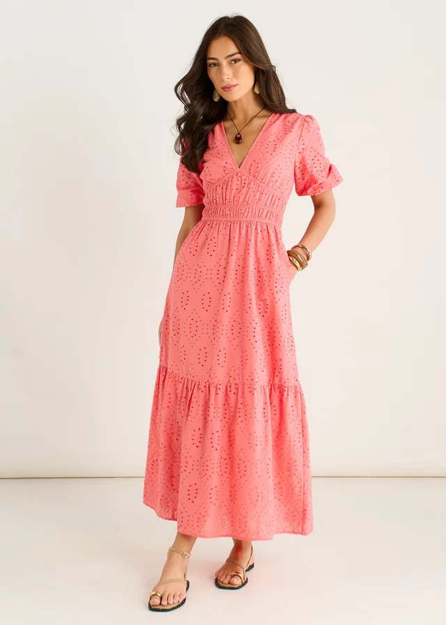 Gini London Coral Diamond Cut Work V Neck Broderie Dress