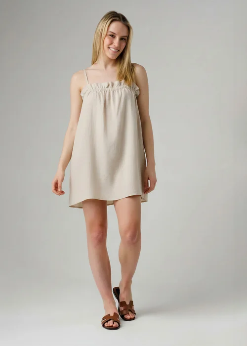 Wednesday’s Girl Beige Cotton Babydoll Elasticated Neck Strappy Mini Dress - 12 Image 1