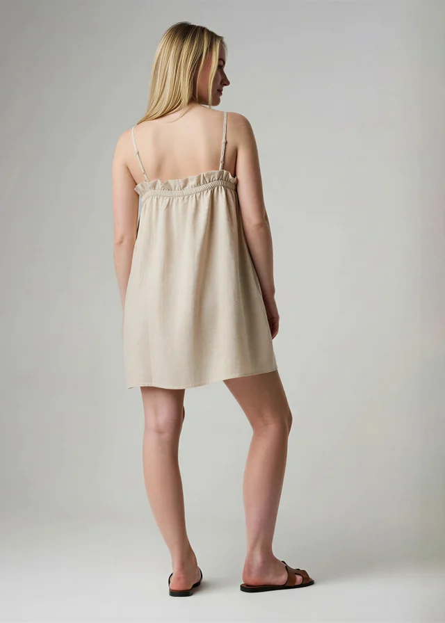 Wednesday’s Girl Beige Cotton Babydoll Elasticated Neck Strappy Mini Dress