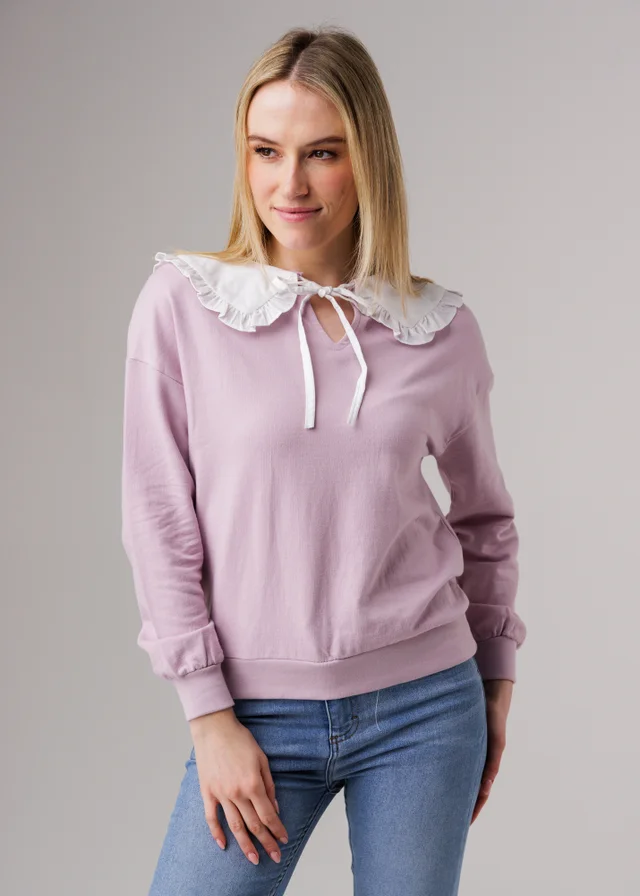 Influence Purple Cotton Peter Pan Tie Ruffle Collar Long Sleeve Sweatshirt