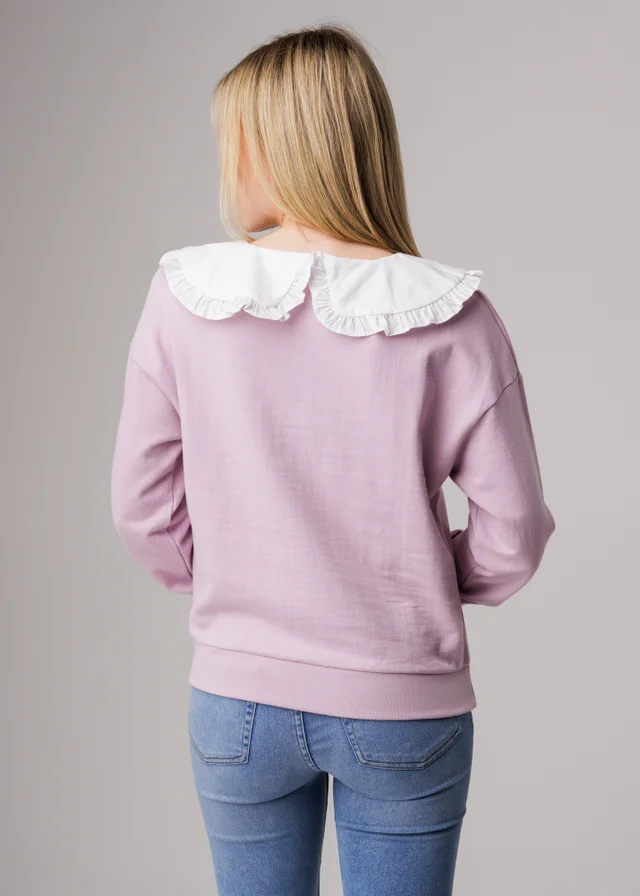 Influence Purple Cotton Peter Pan Tie Ruffle Collar Long Sleeve Sweatshirt