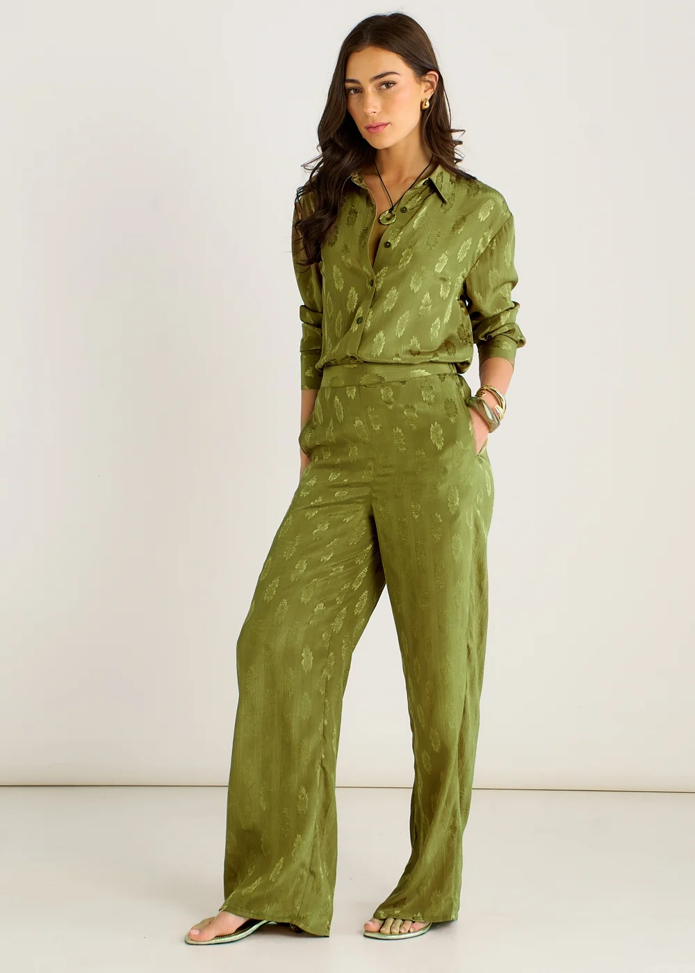 Gini London Khaki Floral Satin Jacquard Trousers - 16 Image 4