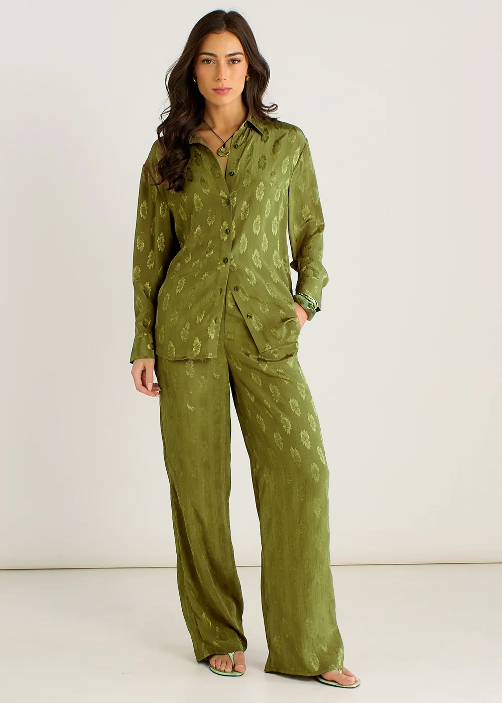 Gini London Khaki Floral Satin Jacquard Trousers - 16 Image 1