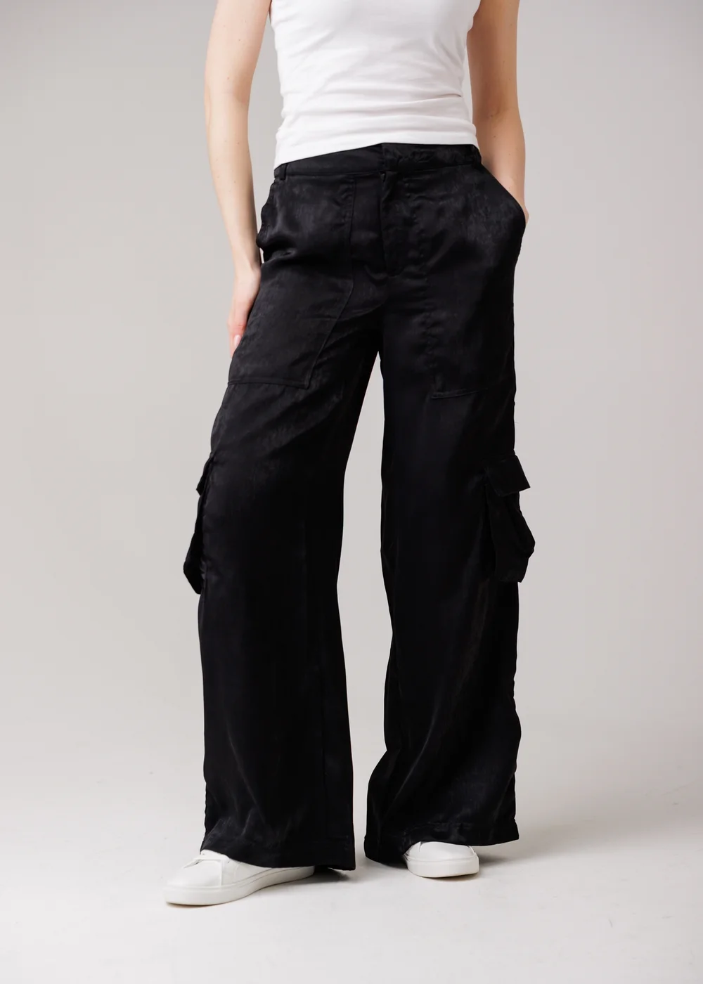 Influence Black Satin-Style Wide Leg Cargo Trousers - 14 Image 1
