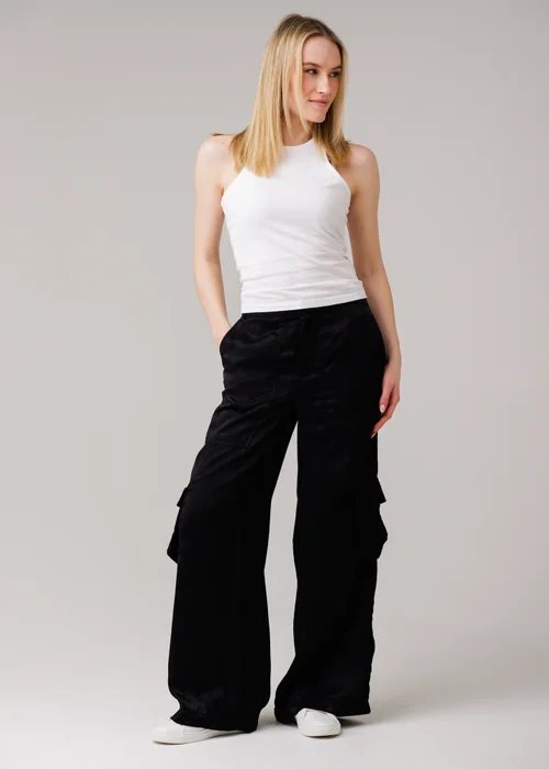 Influence Black Satin-Style Wide Leg Cargo Trousers - 14 Image 4