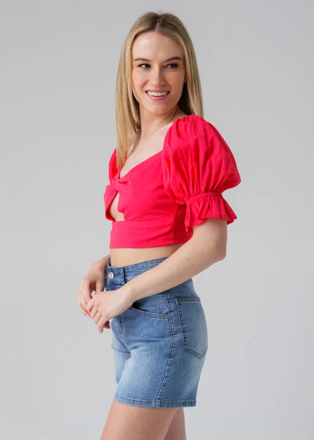 Influence Pink Short Puff Sleeve Bow Detail Cropped Top