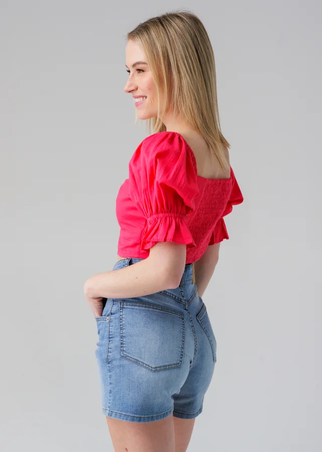 Influence Pink Short Puff Sleeve Bow Detail Cropped Top