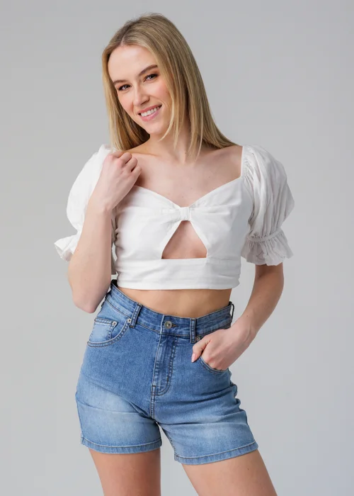 Influence White Short Puff Sleeve Bow Detail Cropped Top - 12 Image 3