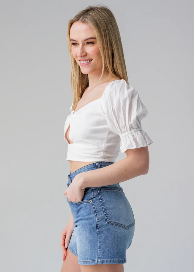 Influence White Short Puff Sleeve Bow Detail Cropped Top