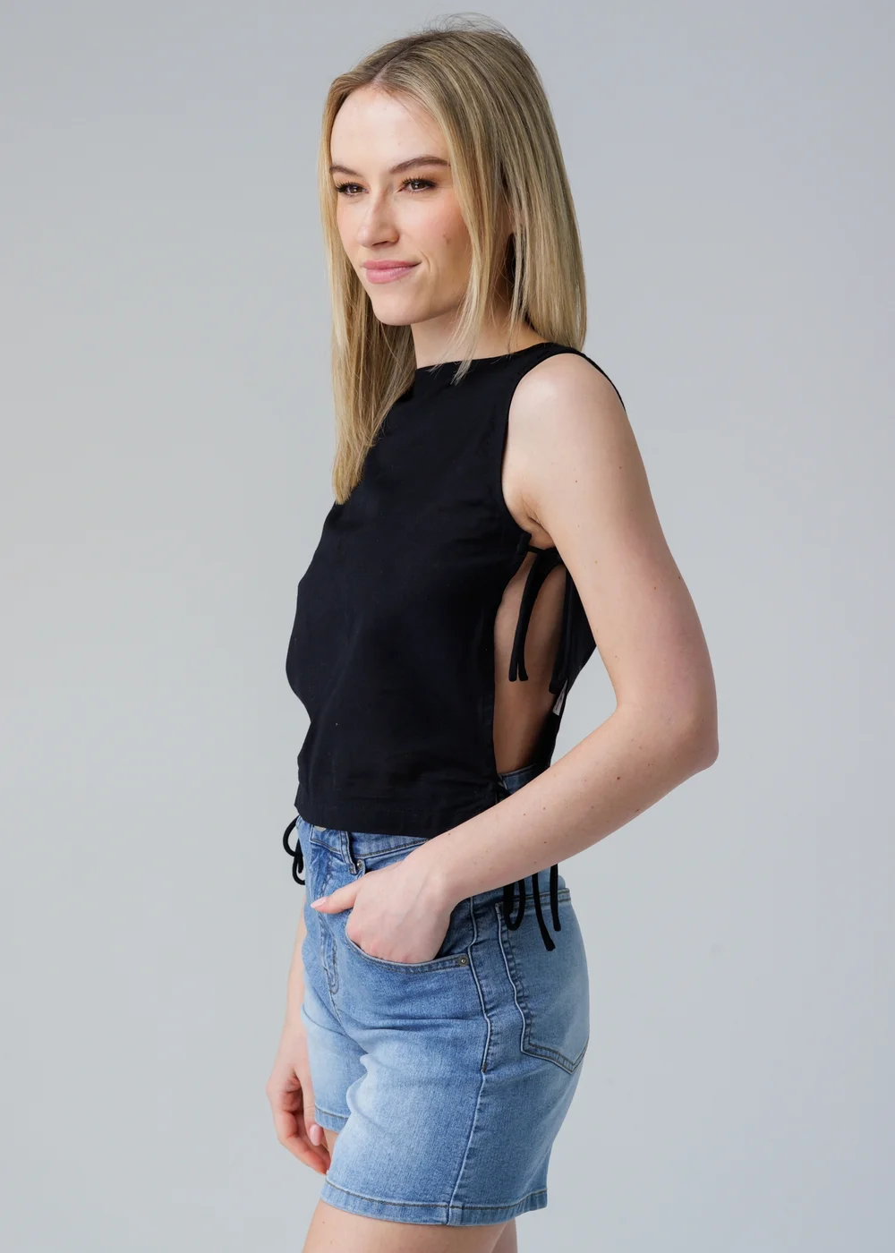 Influence Black Sleeveless Round Neck Tie Side Shell Top - 8 Image 1