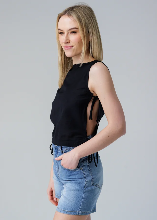 Influence Black Sleeveless Round Neck Tie Side Shell Top