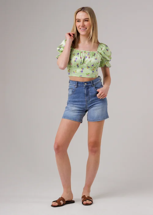 Influence Green Short Sleeve Shirred Square Neck Cropped Top - 14 Image 4
