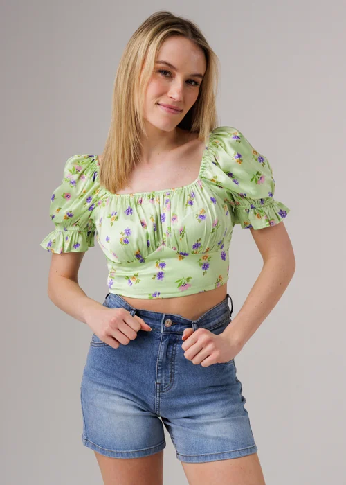 Influence Green Short Sleeve Shirred Square Neck Cropped Top - 14 Image 1