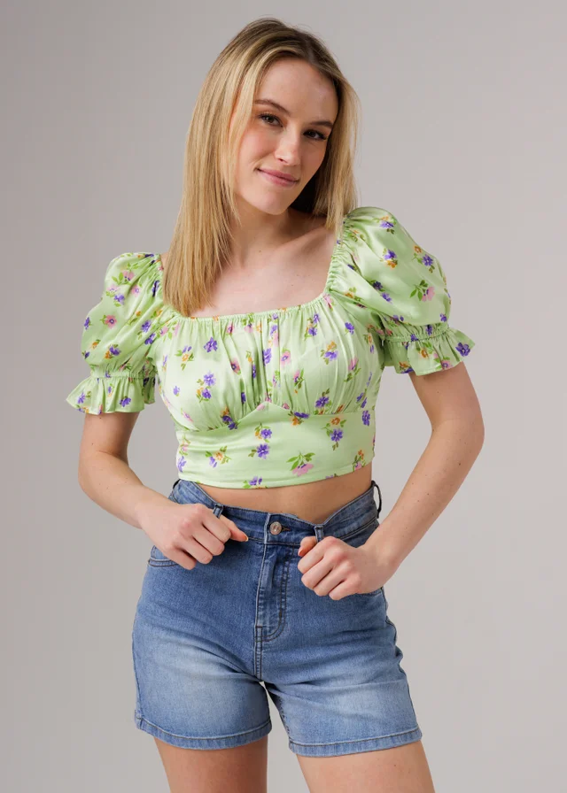 Influence Green Short Sleeve Shirred Square Neck Cropped Top
