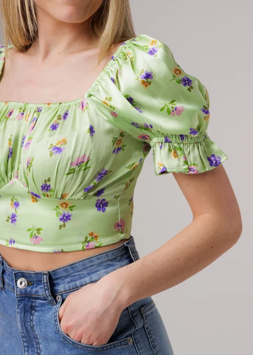 Influence Green Short Sleeve Shirred Square Neck Cropped Top - 14 Image 3