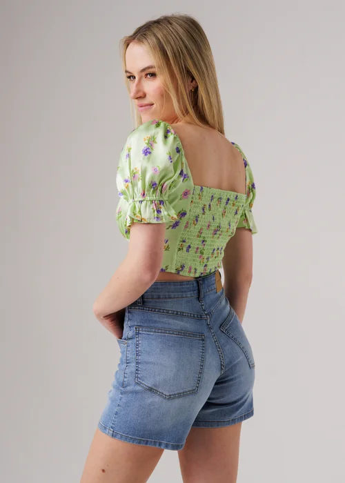 Influence Green Short Sleeve Shirred Square Neck Cropped Top - 14 Image 2