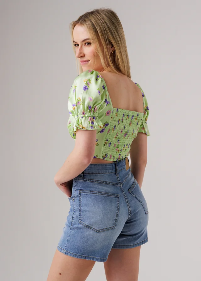 Influence Green Short Sleeve Shirred Square Neck Cropped Top