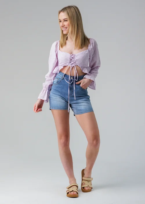 Influence Pink Long Sleeve Lace Up Peplum Hem Crop Top - 8 Image 4